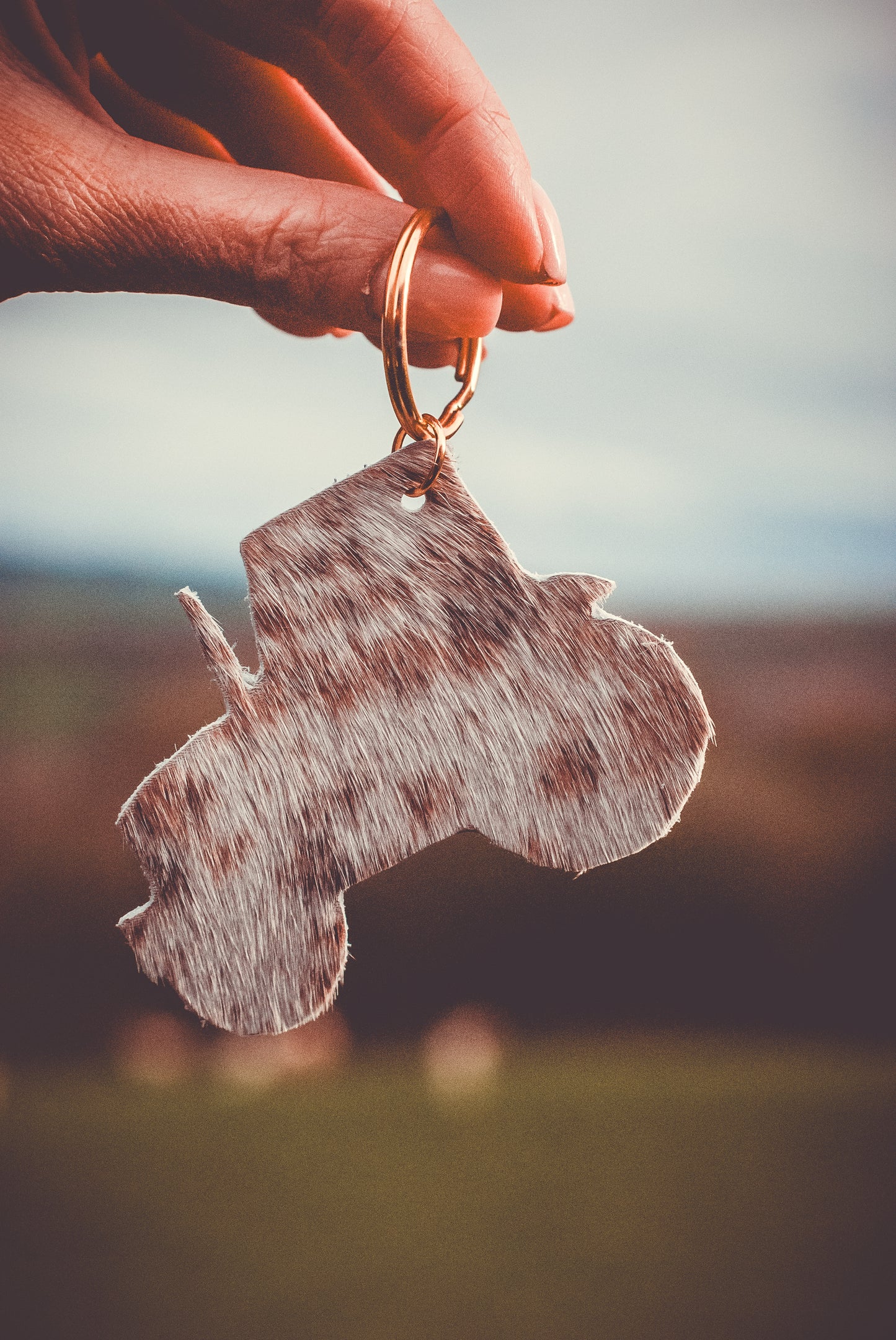 Hand holding a keychain shaped like a tractor with a farm landscape in the background