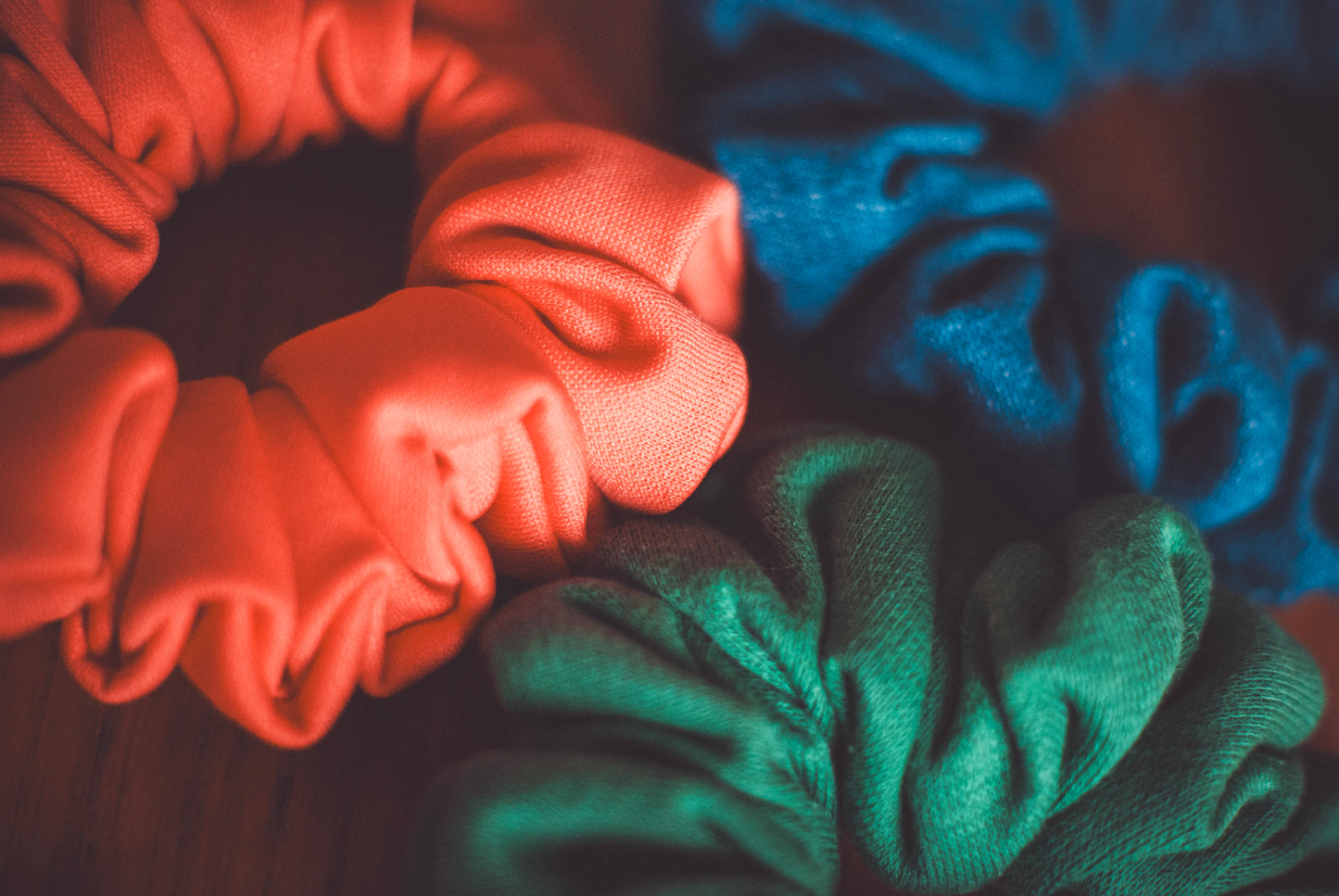 Barn Dancer Scrunchie Trio – Emerald, Jean Blue & Coral | Handmade in Wales