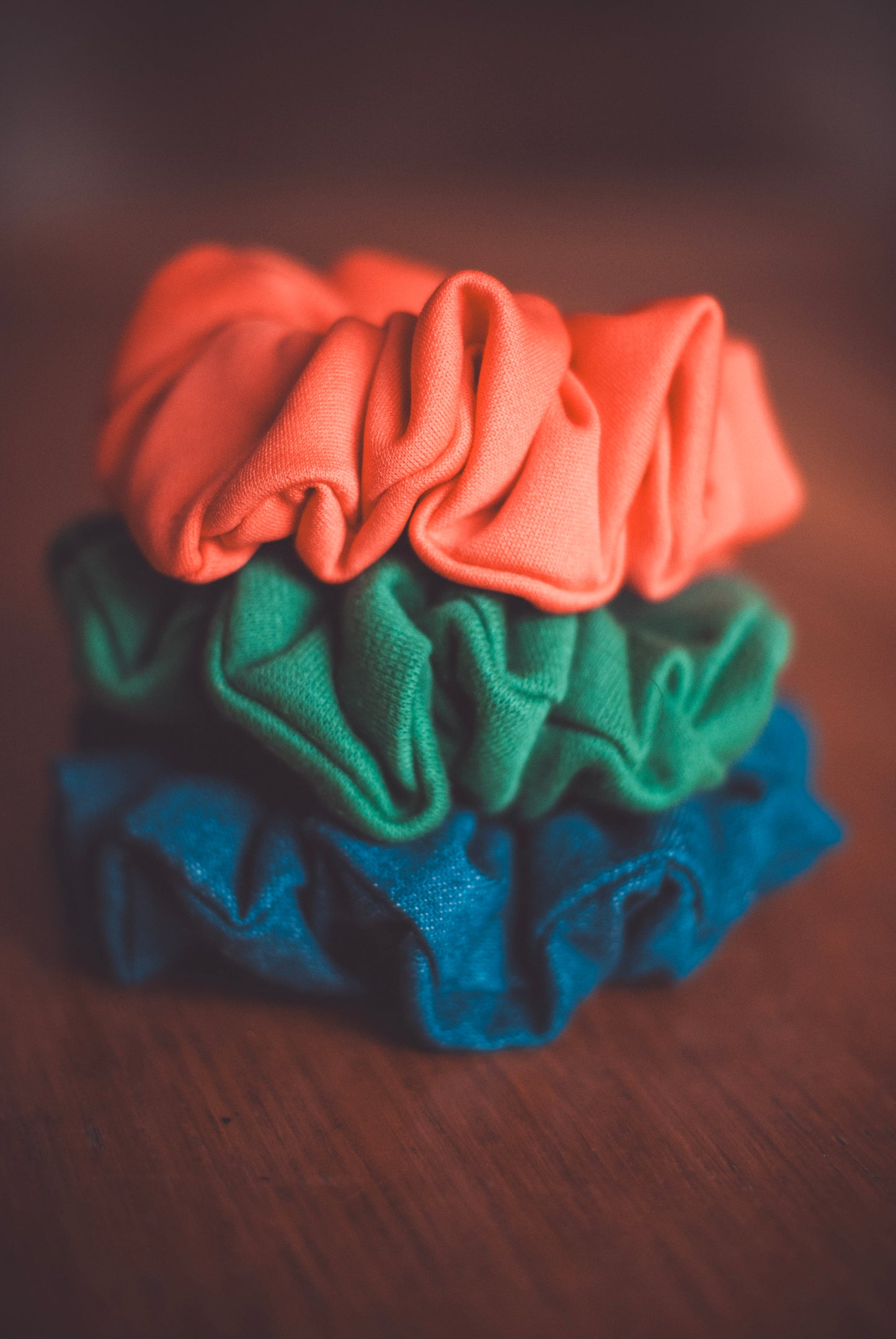 Barn Dancer Scrunchie Trio – Emerald, Jean Blue & Coral | Handmade in Wales