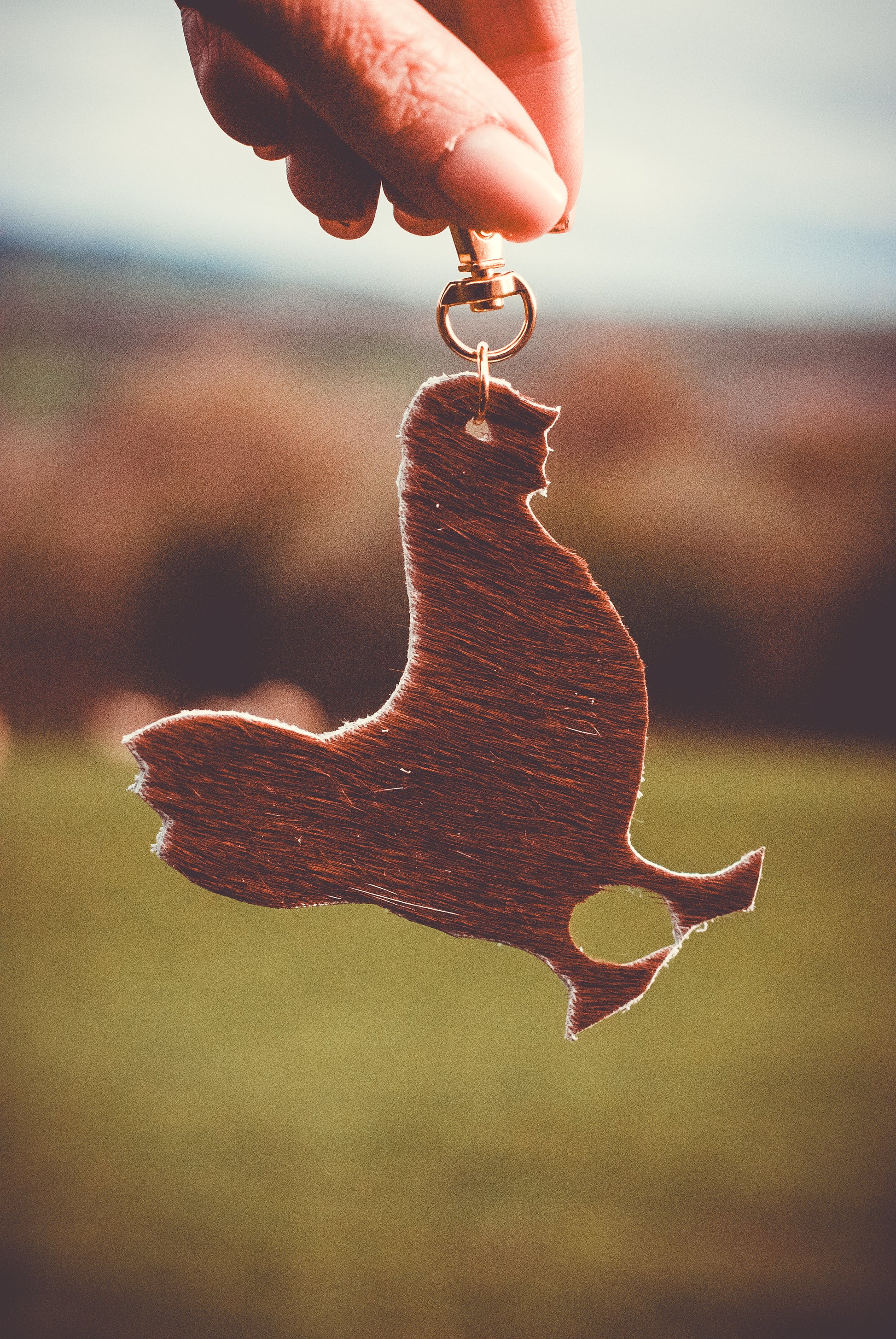 Speckled fabric duck-shaped keyring with gold ring held above a field
