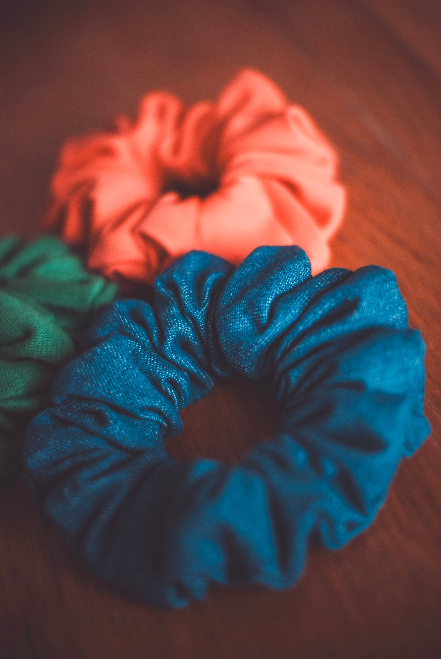 Barn Dancer Scrunchie Trio – Emerald, Jean Blue & Coral | Handmade in Wales