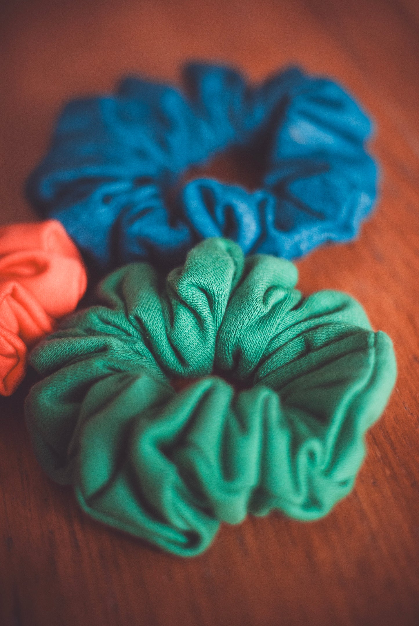 Barn Dancer Scrunchie Trio – Emerald, Jean Blue & Coral | Handmade in Wales