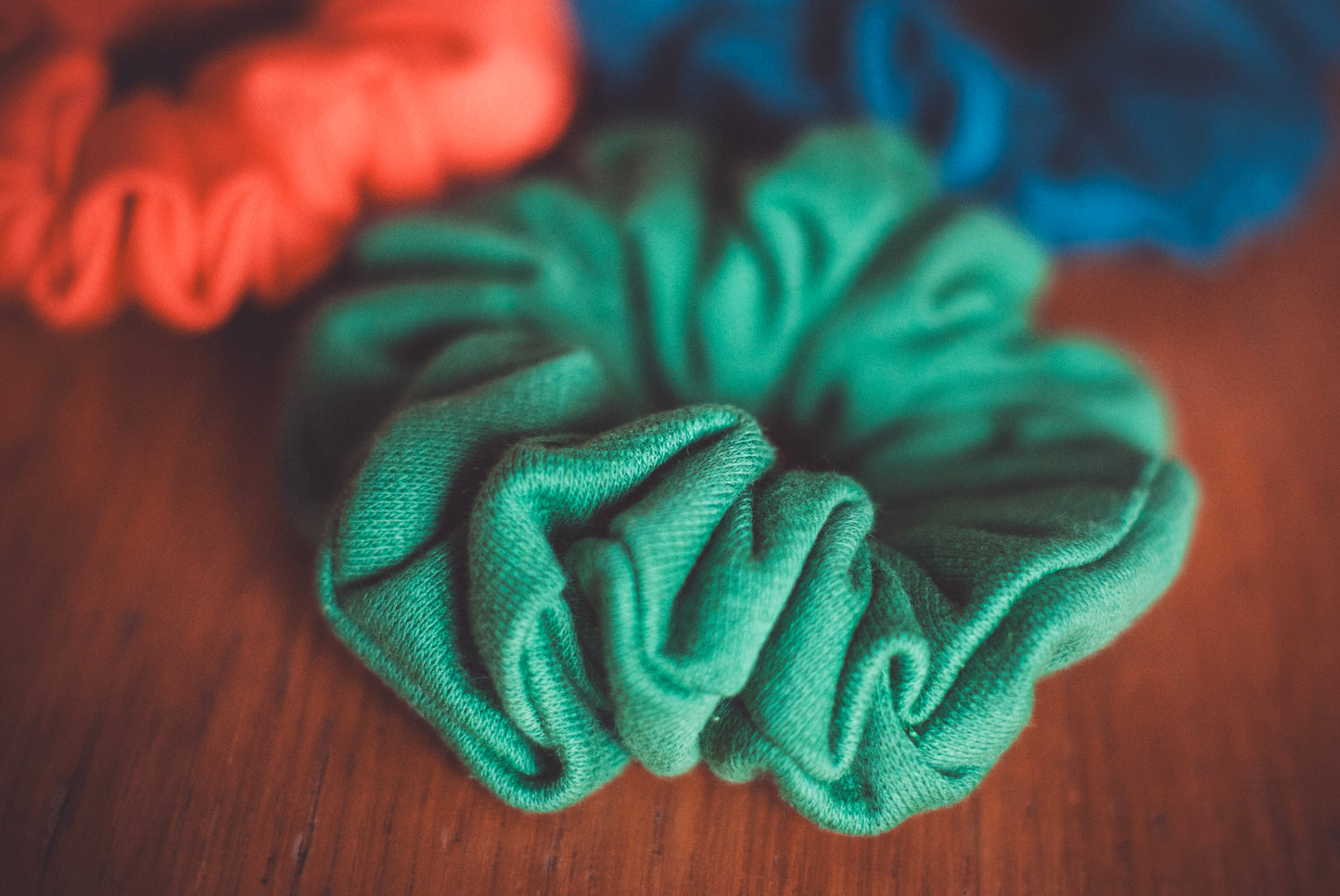 Barn Dancer Scrunchie Trio – Emerald, Jean Blue & Coral | Handmade in Wales
