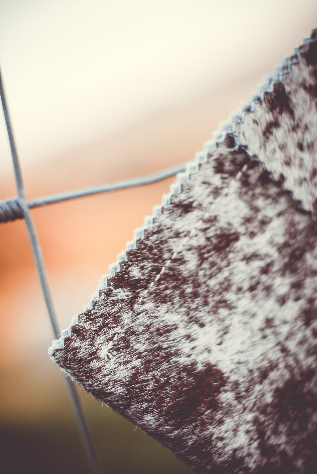 Speckled cowhide clutch bag corner view with wrist strap loop and stitched edge.